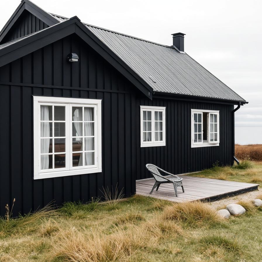 Sort skandinavisk sommerhus tæt på havet